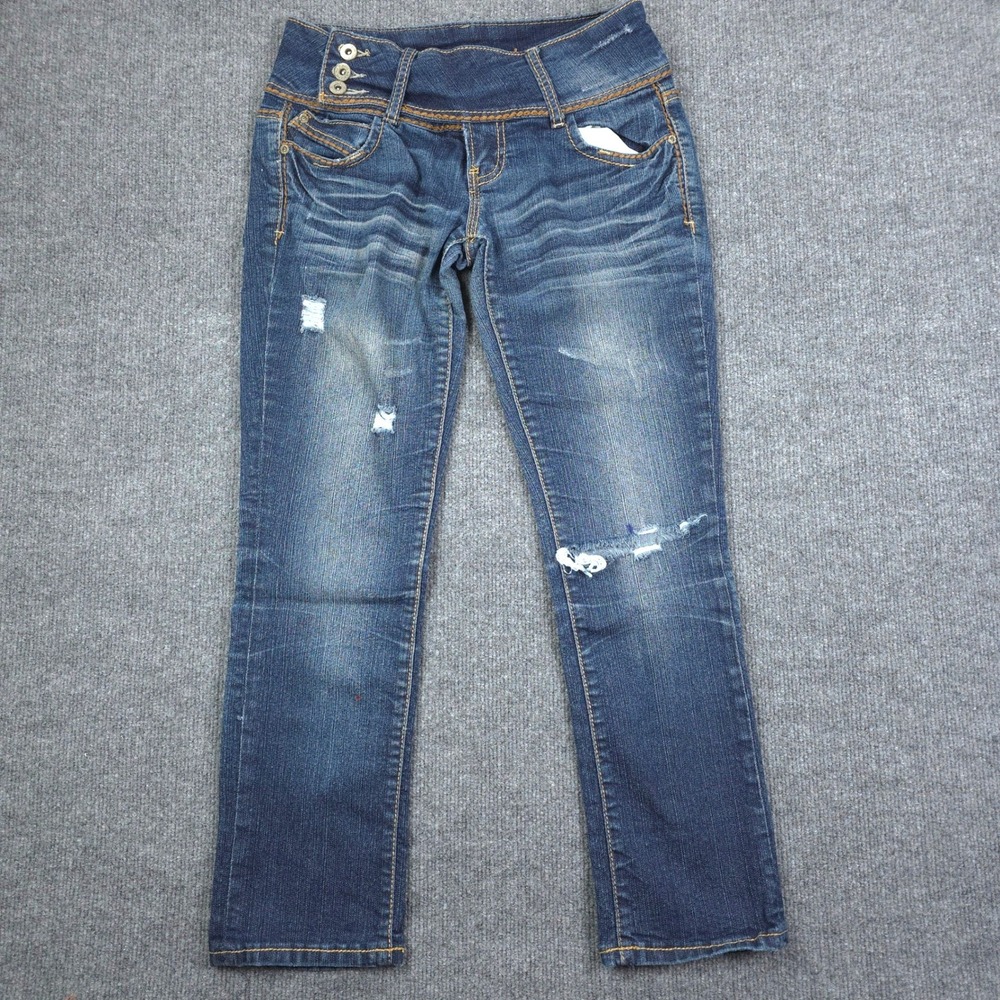 rue21 Jeans Womens‎ 3/4 Blue Distressed Low Rise Skinny Y2K Dark Wash Denim